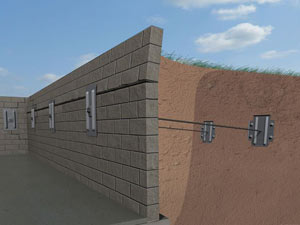 A graphic illustration of a foundation wall system installed in Media